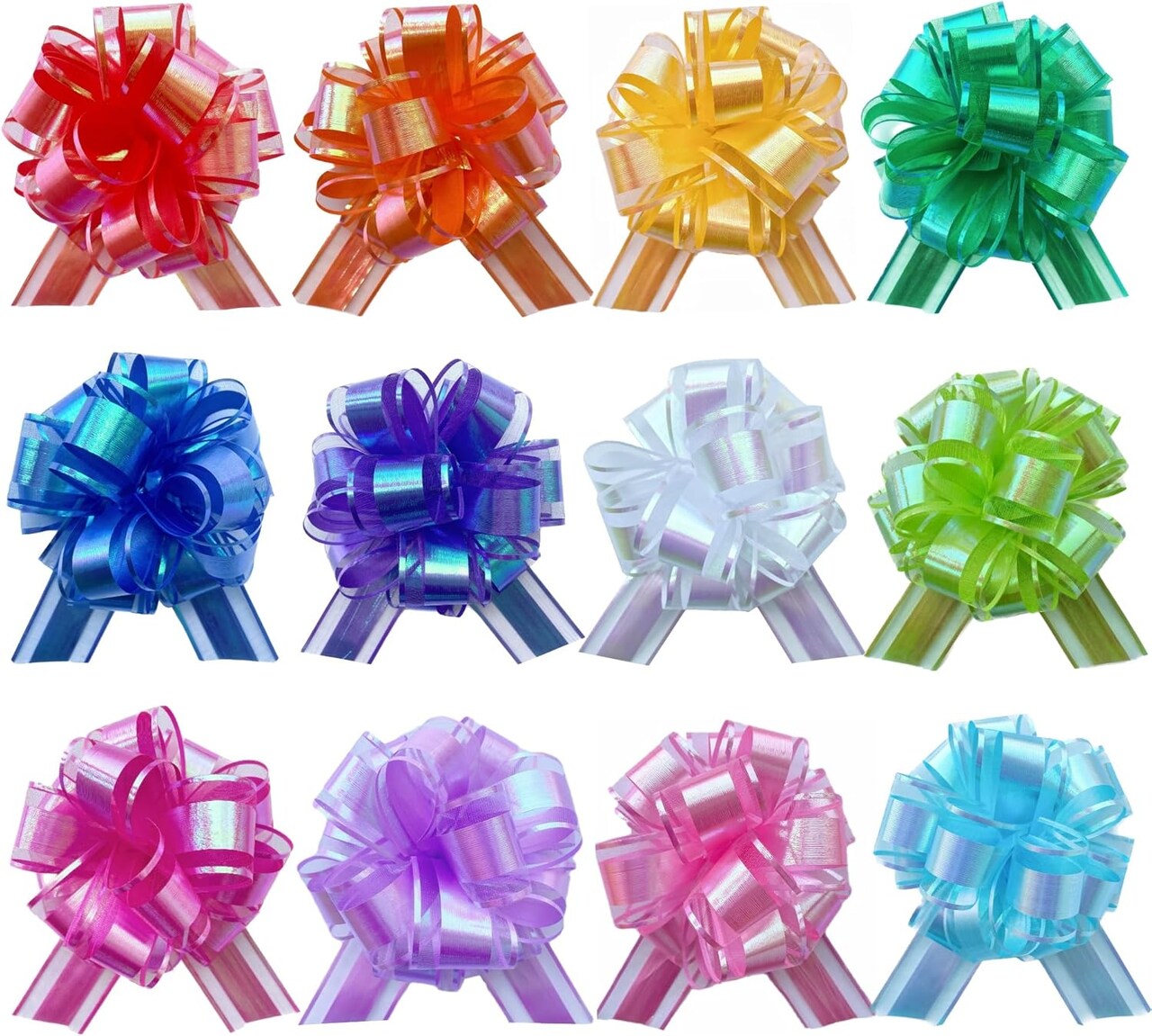 12PCS Rainbow Color Pull Bows for Gift Wrapping, 6 Inches Large Gift Bow, Colorful Laser Ribbon Decoration for Flower Bouquets and Basket, Aurora Bows for Birthday Presents, Anniversary, Wedding